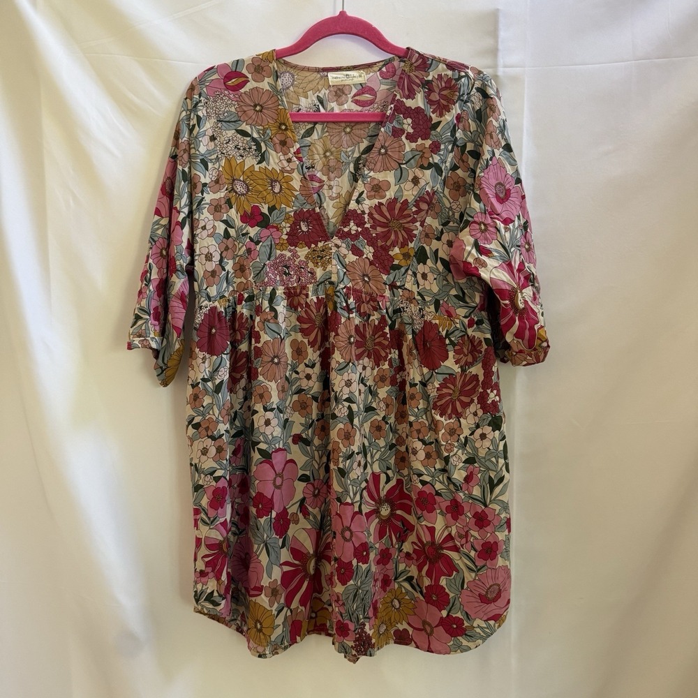 Natural Life Stella Pink Floral  V-Neck Mini Dress Medium Boho Festival